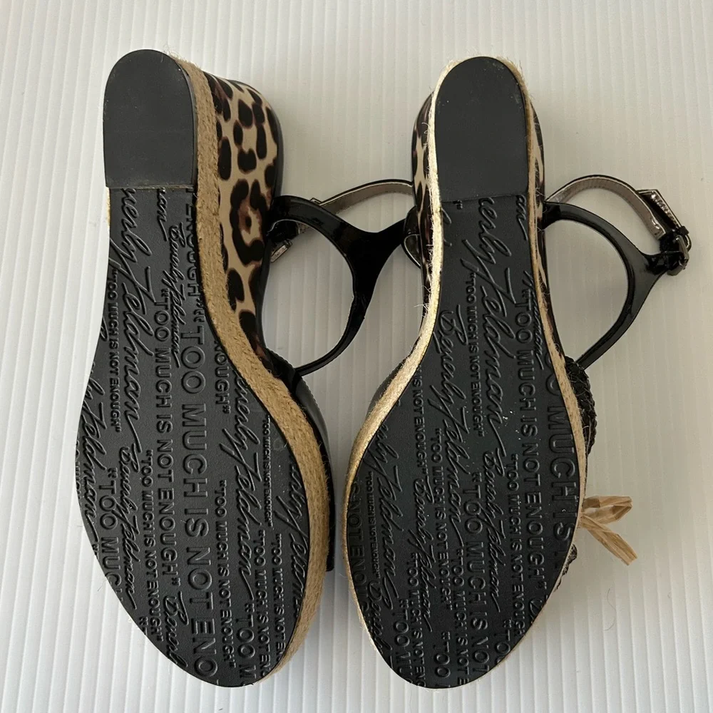 Beverly Feldman Black Patent Embellished Leopard Espadrille Wedges Sz 9 *READ